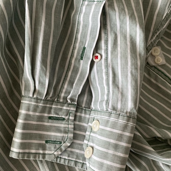 Izod Men’s 100% Cotton Long Sleeves Olive/White Striped Dress Shirt Size L - Picture 5 of 6
